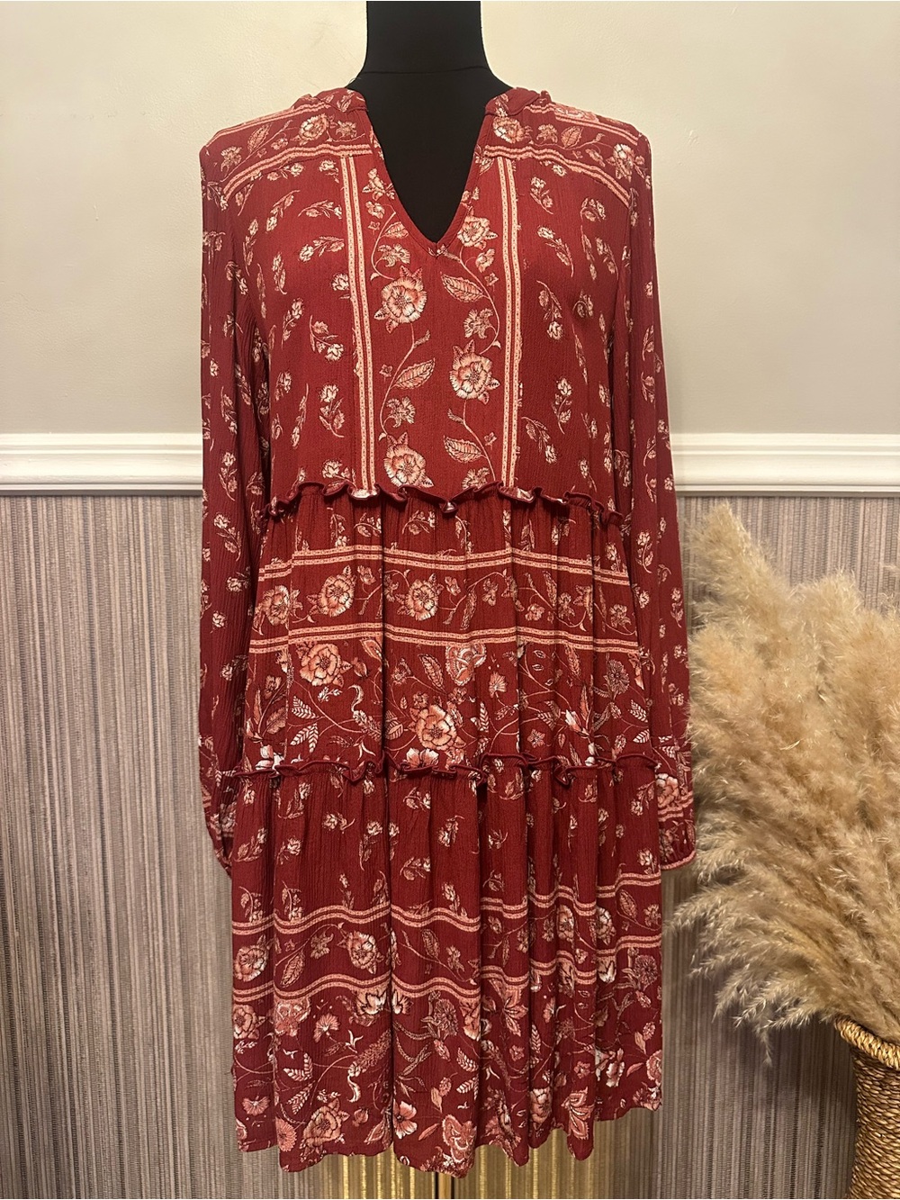 Knox Rose Boho Floral Tiered Midi Dress Rust NWT Small Long Sleeve